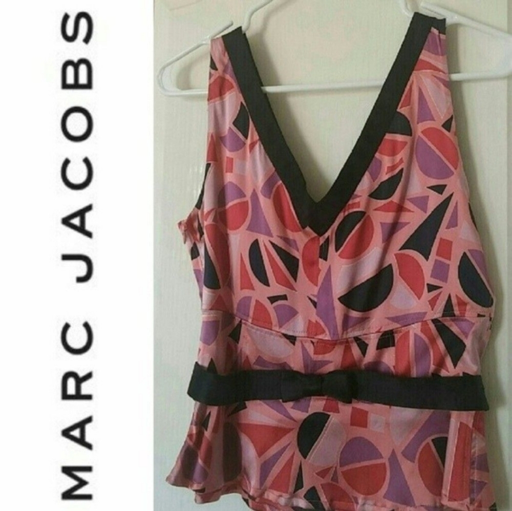 Y2K NWOT Marc Jacobs Silk Top PEPLUM BLOUSE Sleeveless V Neck Pink Black Women 8